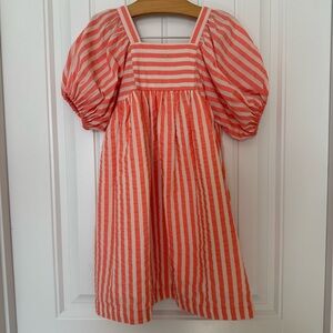 Nano Girls Striped Coral and Cream Puff Sleeve Dress